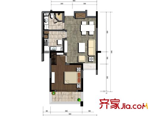 華瑞銀領國際一期3#-5#標準層B1戶型 1室2廳1衛(wèi)1廚