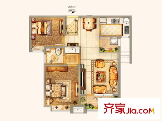 唐島ONE一期高層2-5號(hào)樓F戶型 2室2廳1衛(wèi)1廚