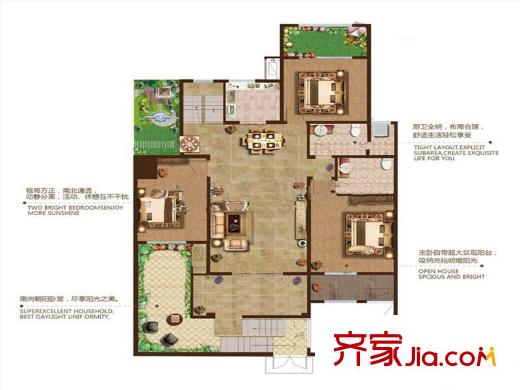 天一畔城二期297#-318#標(biāo)準(zhǔn)層F1戶型 3室2廳2衛(wèi)1廚