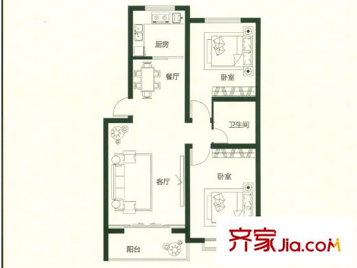 山海逸居戶型圖C戶型 2室2廳1衛(wèi)1廚
