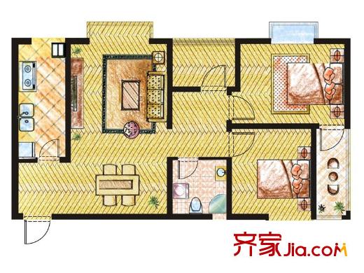 金色環(huán)海1-8#標準層戶型圖 2室2廳1衛(wèi)1廚