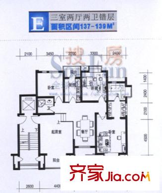 藍(lán)水假期戶(hù)型圖戶(hù)型6（錯(cuò)層） 3室2廳2衛(wèi)