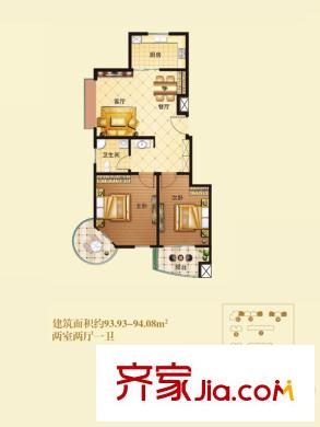 巴黎壹號戶型圖9-11#樓U戶型 2室2廳1衛(wèi)1廚
