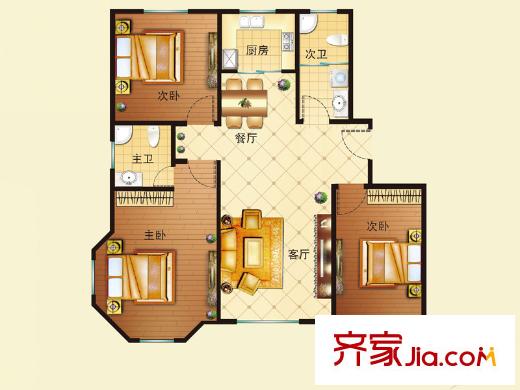 巴黎壹號戶型圖7#樓戶型 3室2廳2衛(wèi)1廚