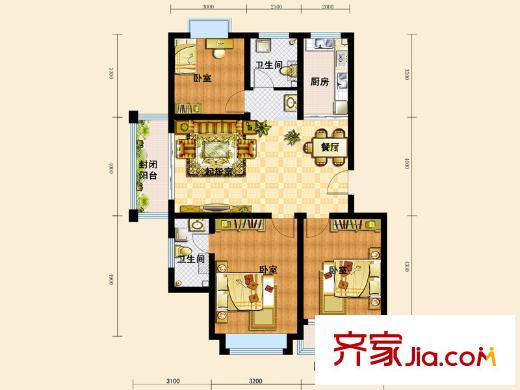 水青木華三期戶型圖c戶型 3室2廳2衛(wèi)1廚