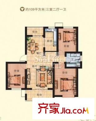 銀座動感世代戶型圖h戶型 3室2廳1衛(wèi)1廚