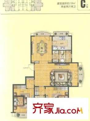 魯信南海花園戶型圖C戶型 2室2廳2衛(wèi)1廚