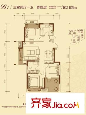 萬(wàn)科四季花城戶型圖B1奇數(shù) 3室2廳1衛(wèi)1廚