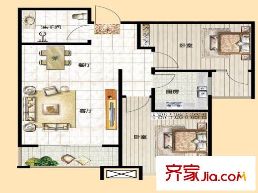 云龍港灣一期13號樓標(biāo)準(zhǔn)層B戶型 2室2廳1衛(wèi)1廚