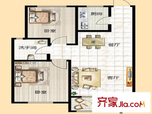 云龍港灣一期13號樓標(biāo)準(zhǔn)層C戶型 2室2廳1衛(wèi)1廚