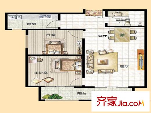 云龍港灣一期11號樓標(biāo)準(zhǔn)層D戶型 2室2廳1衛(wèi)1廚