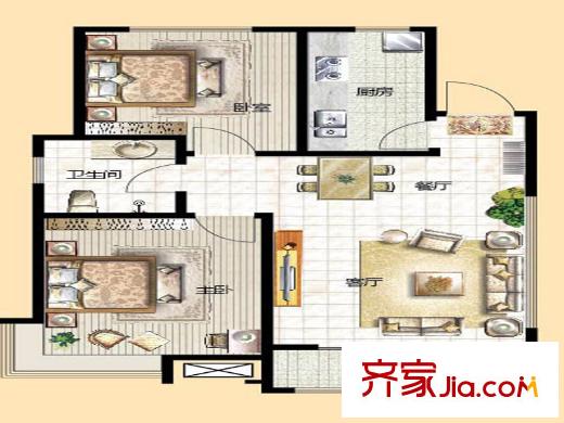 云龍港灣一期11號樓標(biāo)準(zhǔn)層f戶型 2室2廳1衛(wèi)1廚