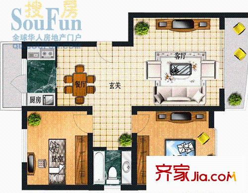 諾貝爾山莊戶型圖2室2廳1衛(wèi)1廚