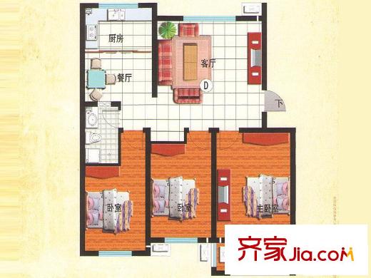 龍山花園戶型圖戶型D 3室2廳1衛(wèi)