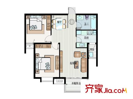大成公館戶型圖D戶型 2室2廳1衛(wèi)1廚