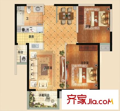 大成公館戶型圖一期2號樓D戶型 2室2廳1衛(wèi)1廚
