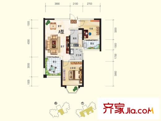 千城鳳梧金沙戶型圖A戶型 2室2廳1衛(wèi)1廚