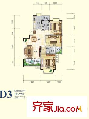 千城鳳梧金沙戶型圖D3戶型 3室2廳2衛(wèi)1廚