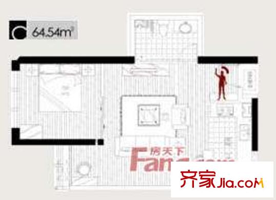 卓亭廣場戶型圖C 1室2廳1衛(wèi)1廚