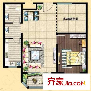 廊橋水岸戶型圖F戶型 1室2廳1衛(wèi)1廚