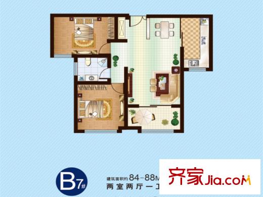 江山麗城一期7號(hào)樓B戶型 2室2廳1衛(wèi)1廚