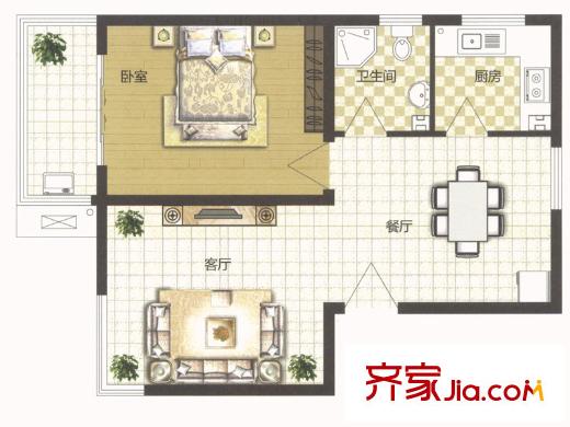 昆泉星港戶型圖A棟A戶型圖 1室2廳1衛(wèi)1廚