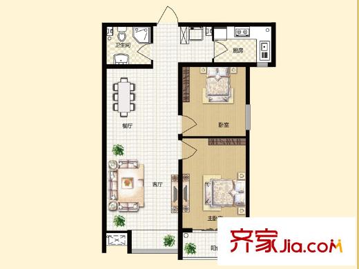 昆泉星港戶型圖D棟D戶型 2室2廳1衛(wèi)1廚
