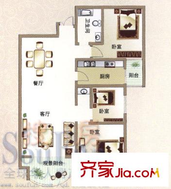 海印長(zhǎng)天戶型圖2期標(biāo)準(zhǔn)層三居室 3室2廳1衛(wèi)