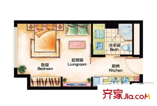 深藍(lán)公寓戶型圖戶型圖3 1室1廳1衛(wèi)1廚