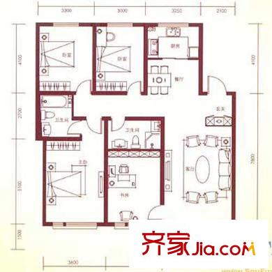金色國際公寓戶型圖J戶型 4室2廳2衛(wèi)1廚