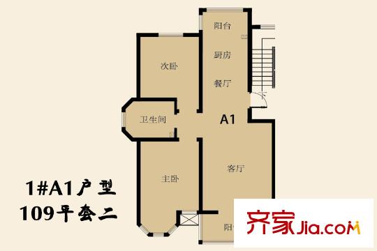 青島印象灣1#A1戶型 2室2廳1衛(wèi)1廚