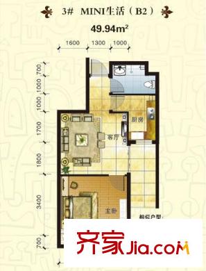 啟城福邸戶型圖3#MIMI生活B2戶型 1室1廳1衛(wèi)1廚