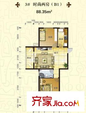 啟城福邸戶型圖3#時尚兩房B1戶型 2室1廳1衛(wèi)1廚