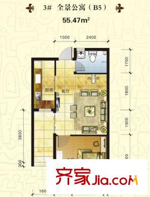 啟城福邸戶型圖3#寬景公寓B5戶型 1室1廳1衛(wèi)1廚