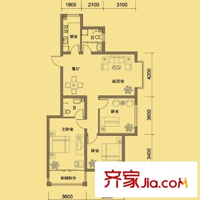 凱景花園戶型圖二期1.2.3號樓A1戶型（東戶） 3室2廳2衛(wèi)1廚