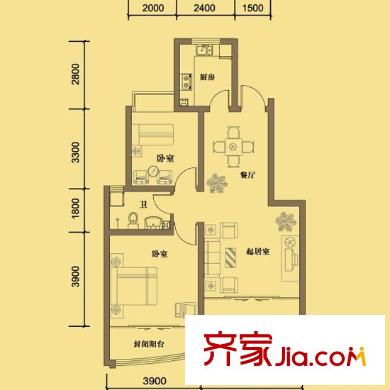 凱景花園戶型圖二期1.2.3號樓B戶型（東戶） 2室2廳1衛(wèi)1廚