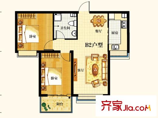 御龍灣戶型圖1號(hào)樓標(biāo)準(zhǔn)層B2戶型 2室2廳1衛(wèi)1廚