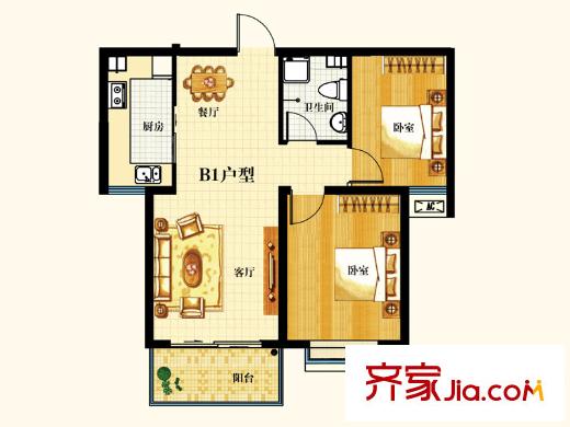 御龍灣戶型圖1號(hào)樓標(biāo)準(zhǔn)層B1戶型 2室2廳1衛(wèi)1廚