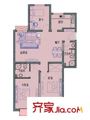 海逸景園戶型圖高層標準層戶型圖 3室2廳2衛(wèi)1廚
