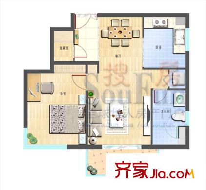 嶗山國(guó)際花園戶型圖B4戶型圖 1室2廳1衛(wèi)