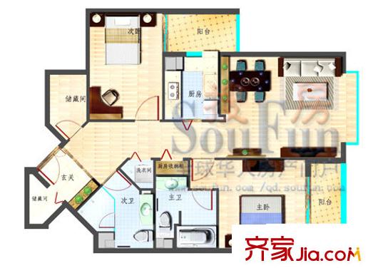 嶗山國(guó)際花園戶型圖D-2戶型圖 2室2廳2衛(wèi)