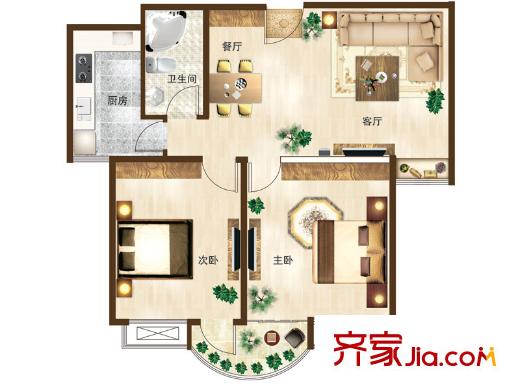 新華錦龍邸戶型圖C戶型 2室2廳1衛(wèi)1廚