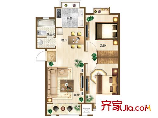 新華錦龍邸戶型圖D戶型 2室2廳1衛(wèi)1廚