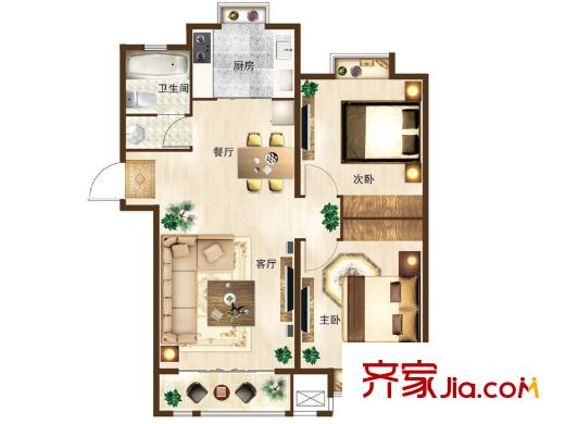 新華錦龍邸戶型圖D1戶型 2室2廳1衛(wèi)1廚