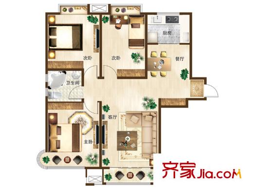 新華錦龍邸戶型圖A戶型 3室2廳1衛(wèi)1廚