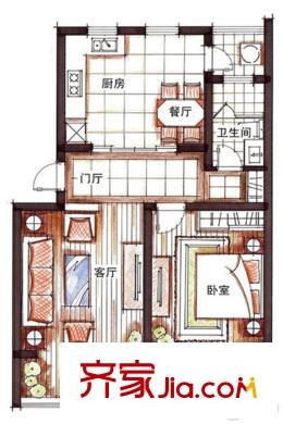 山景小城G2戶型 1室2廳1衛(wèi)1廚