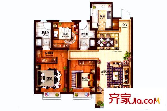 遠(yuǎn)洋萬和四季2號樓和4號樓東西邊戶B2戶型 3室2廳2衛(wèi)1廚