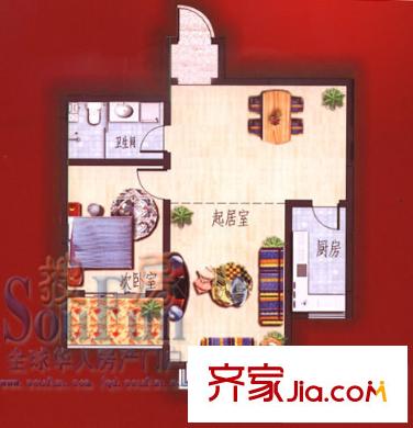 天福宜家戶型圖B-3戶型 1室2廳1衛(wèi)