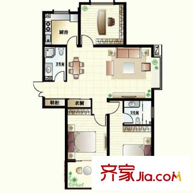 觀海華庭戶型圖1號樓A戶型 3室2廳2衛(wèi)1廚