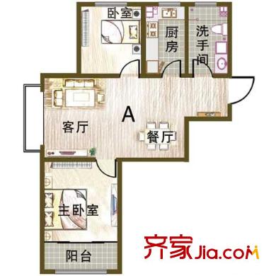 衡山舒苑一期1#-5#標準層A戶型 2室2廳1衛(wèi)1廚